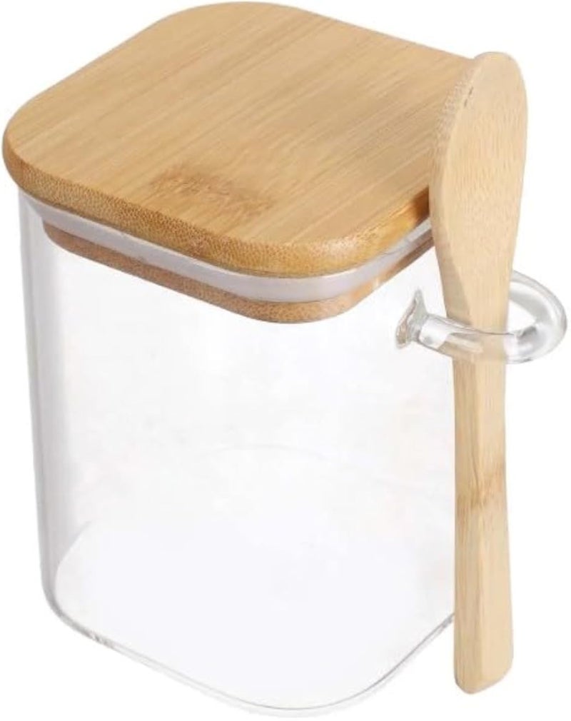 علبة تخزين طعام زجاجية بغطاء من الخيزران، علبة بيضاء محكمة الإغلاق، برطمان تخزين للمطبخ مع ملعقة خشبية